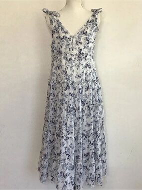 Moon River White and Navy Floral Tie-Strap Tiered Maxi Dress